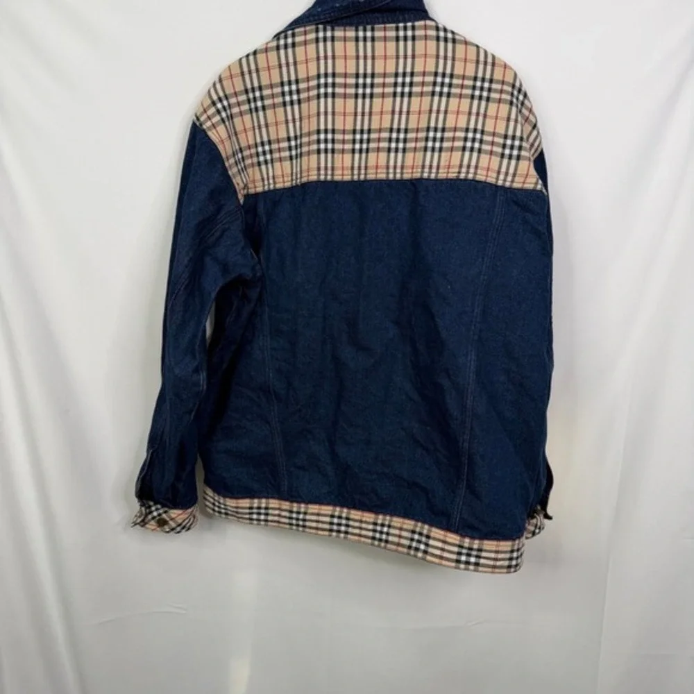 Y2K The Hip-hop Elements T.H.E. Denim Trucker Jacket Plaid Nova Check Mens‎ XL